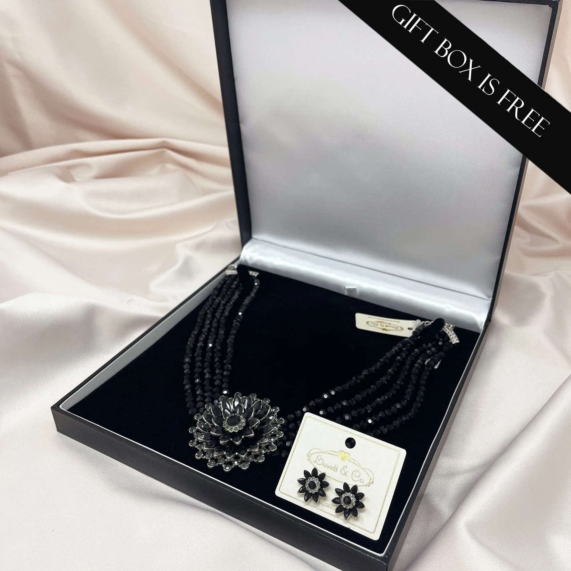 Audrey Hepburn Inspired Jewellery Set: Black Jet Studs With Matching Vintage Necklace In Gift Box- £12 Gift Box Is Free