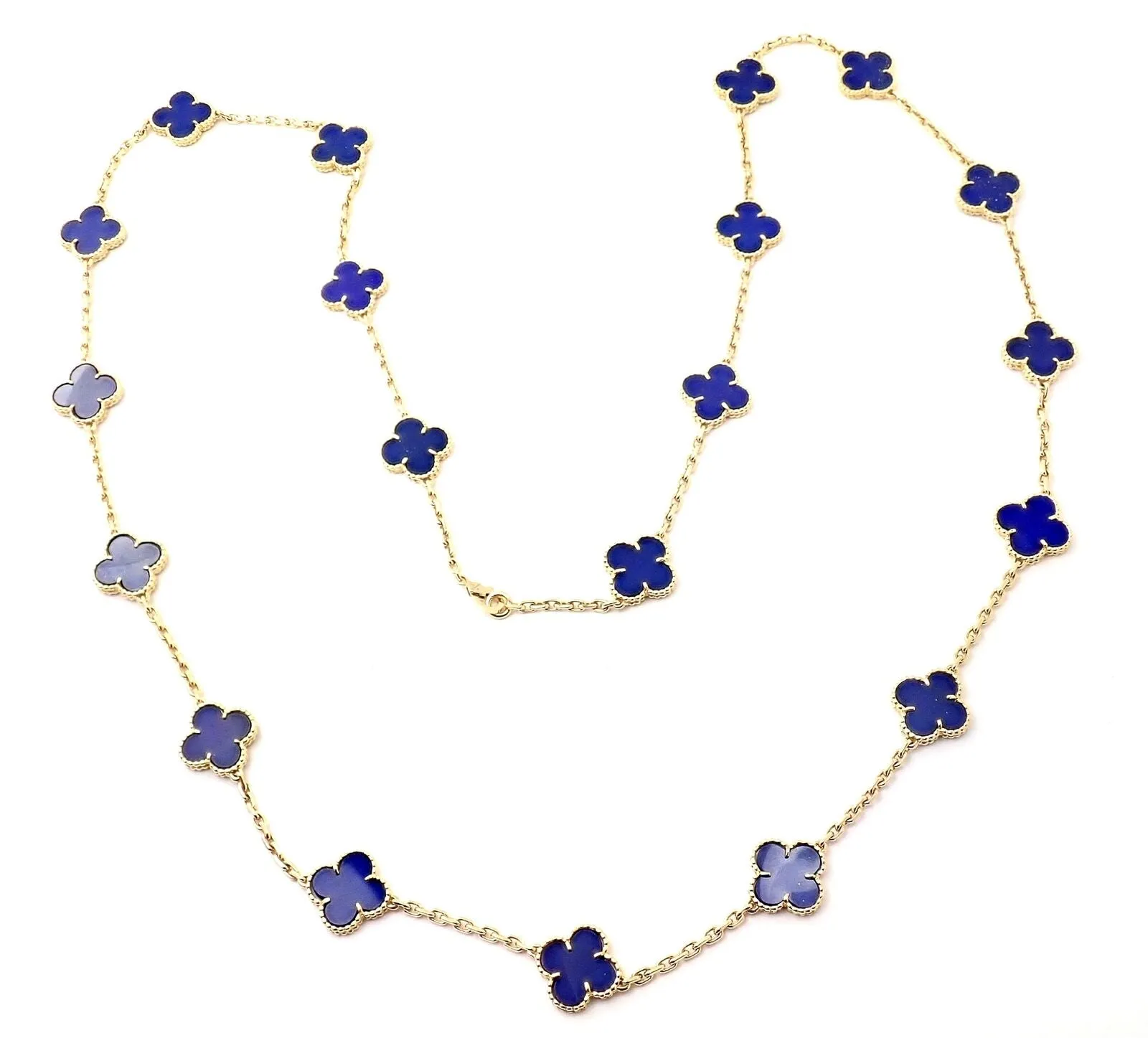 Authentic! Van Cleef & Arpels 18k Gold 20 Motif Alhambra Lapis Necklace Paper