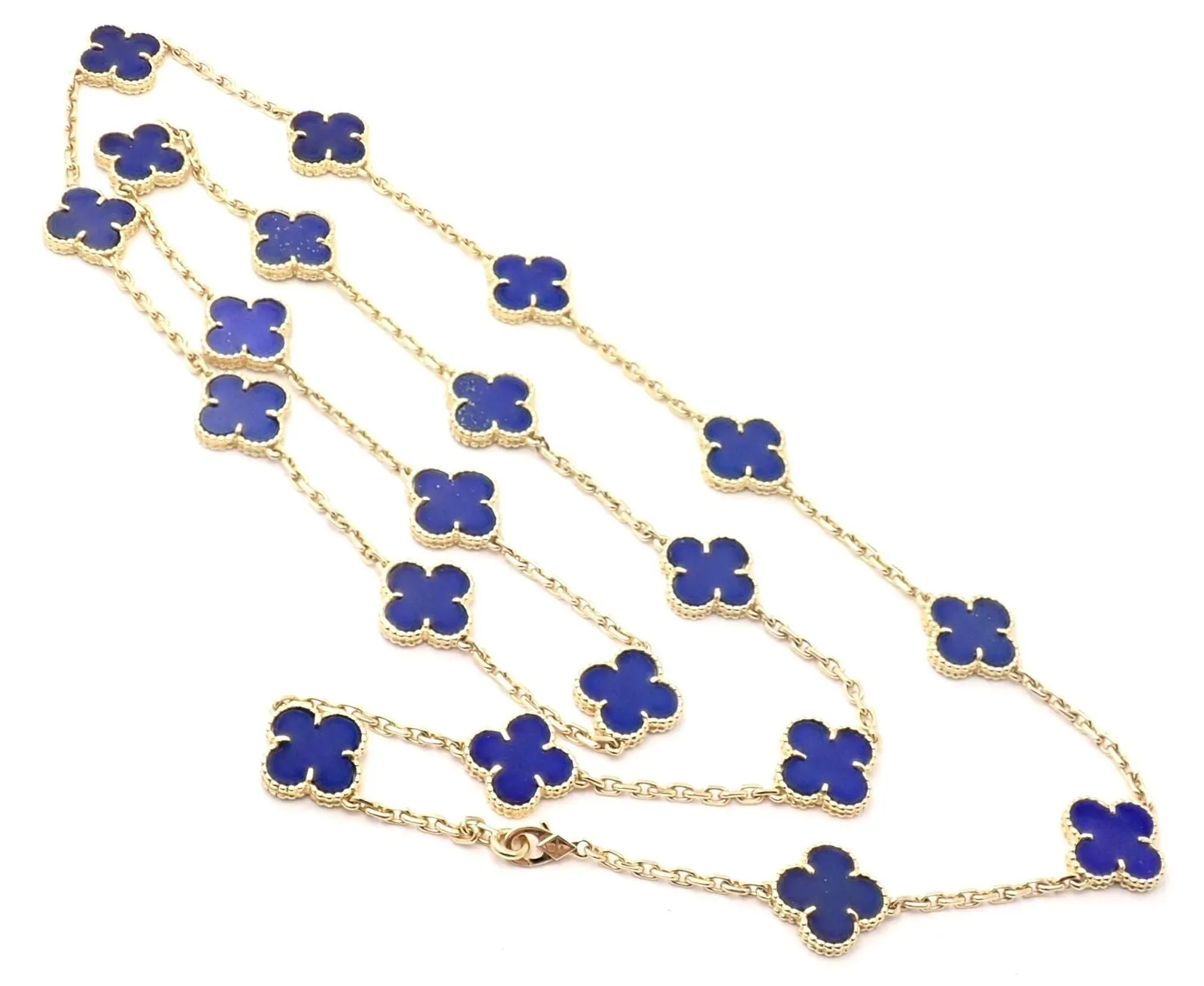 Authentic! Van Cleef & Arpels 18k Gold 20 Motif Alhambra Lapis Necklace Paper