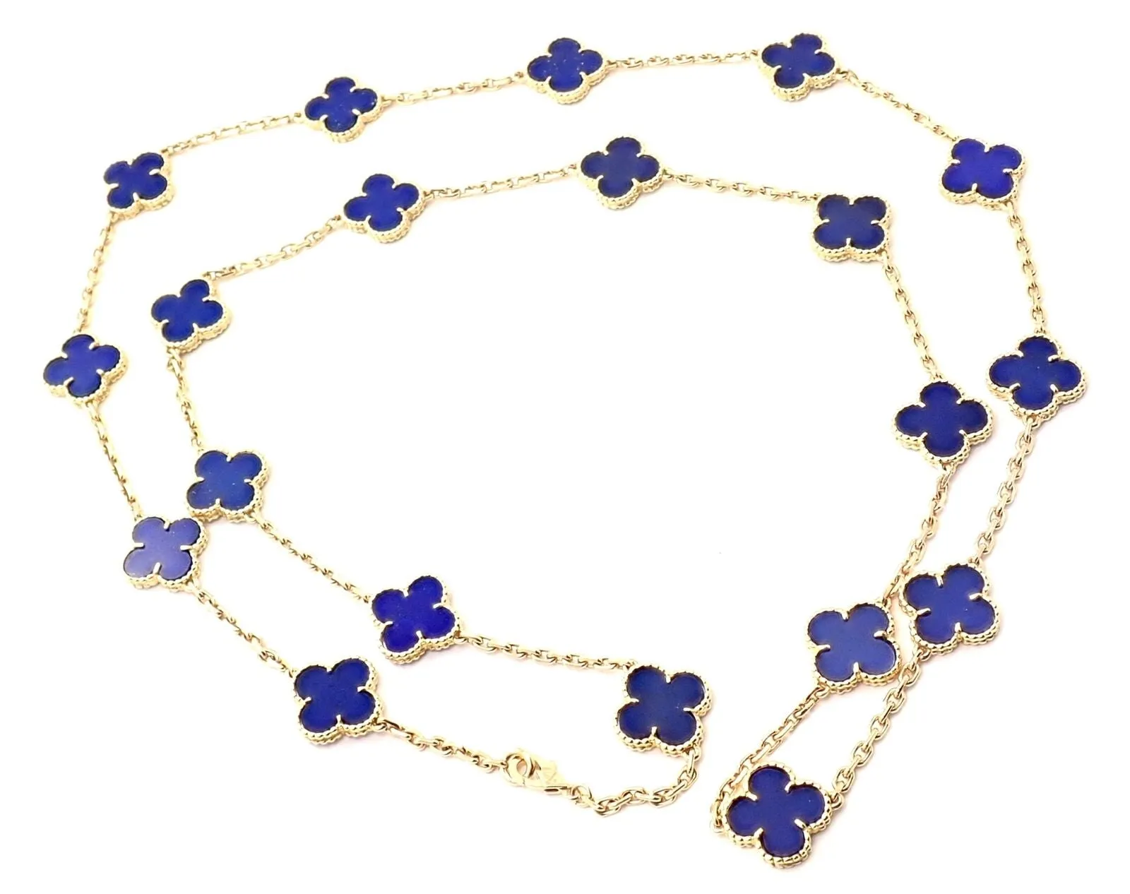 Authentic! Van Cleef & Arpels 18k Gold 20 Motif Alhambra Lapis Necklace Paper