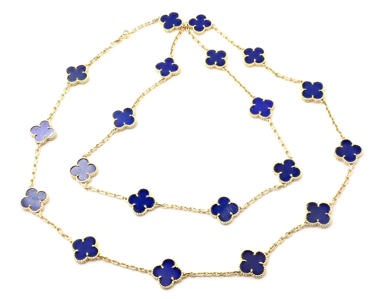 Authentic! Van Cleef & Arpels 18k Gold 20 Motif Alhambra Lapis Necklace Paper