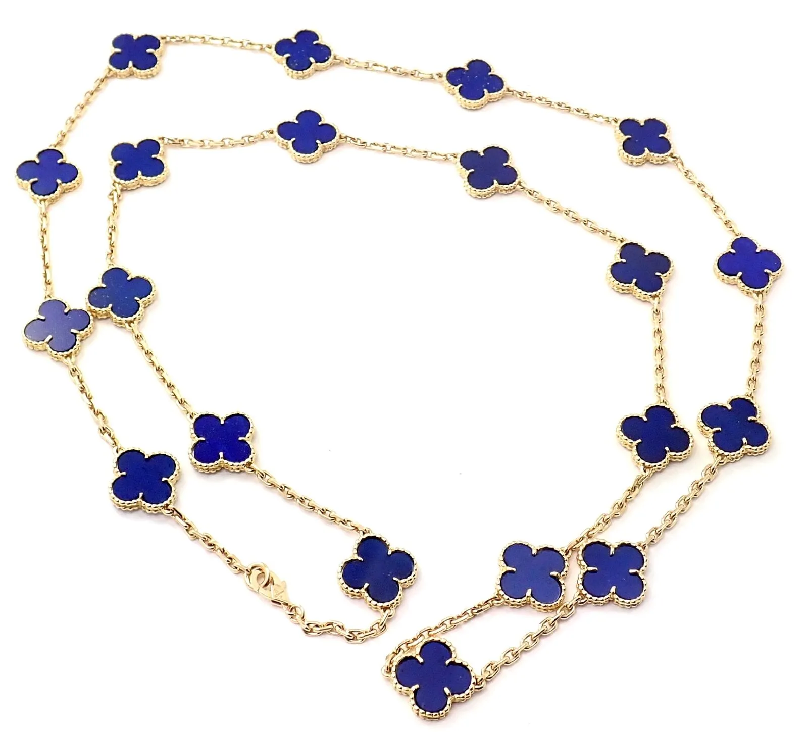 Authentic! Van Cleef & Arpels 18k Gold 20 Motif Alhambra Lapis Necklace Paper