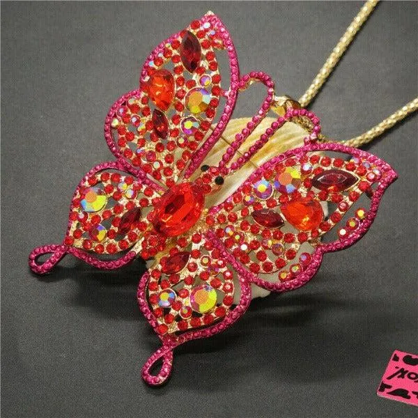 Betsey Johnson Pink Butterfly Rhinestone Large Gold Necklace