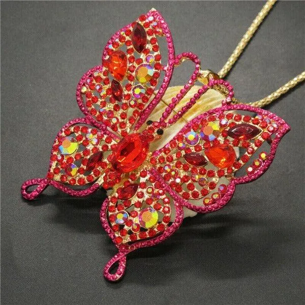 Betsey Johnson Pink Butterfly Rhinestone Large Gold Necklace