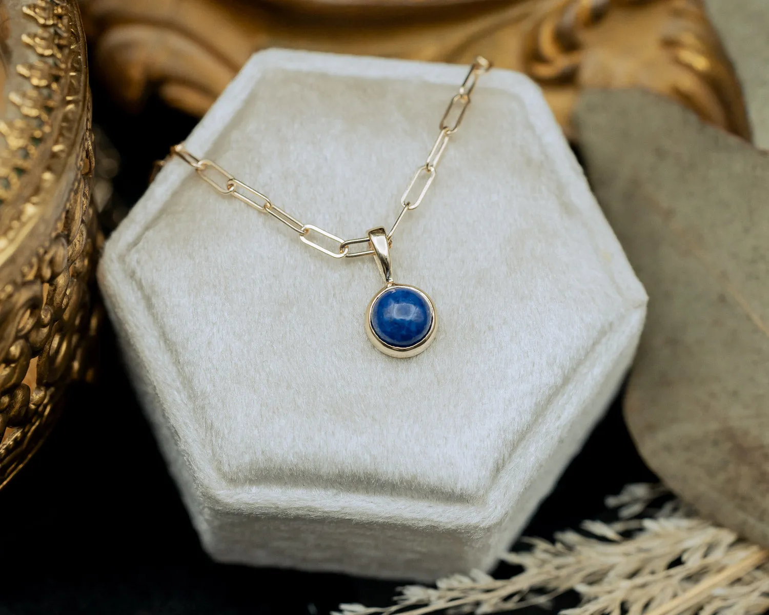 BEZEL SET ROUND PENDANT WITH YOUR CHOICE OF MOSS AGATE, MOONSTONE, LAPIS LAZULI, OR TURQUOISE