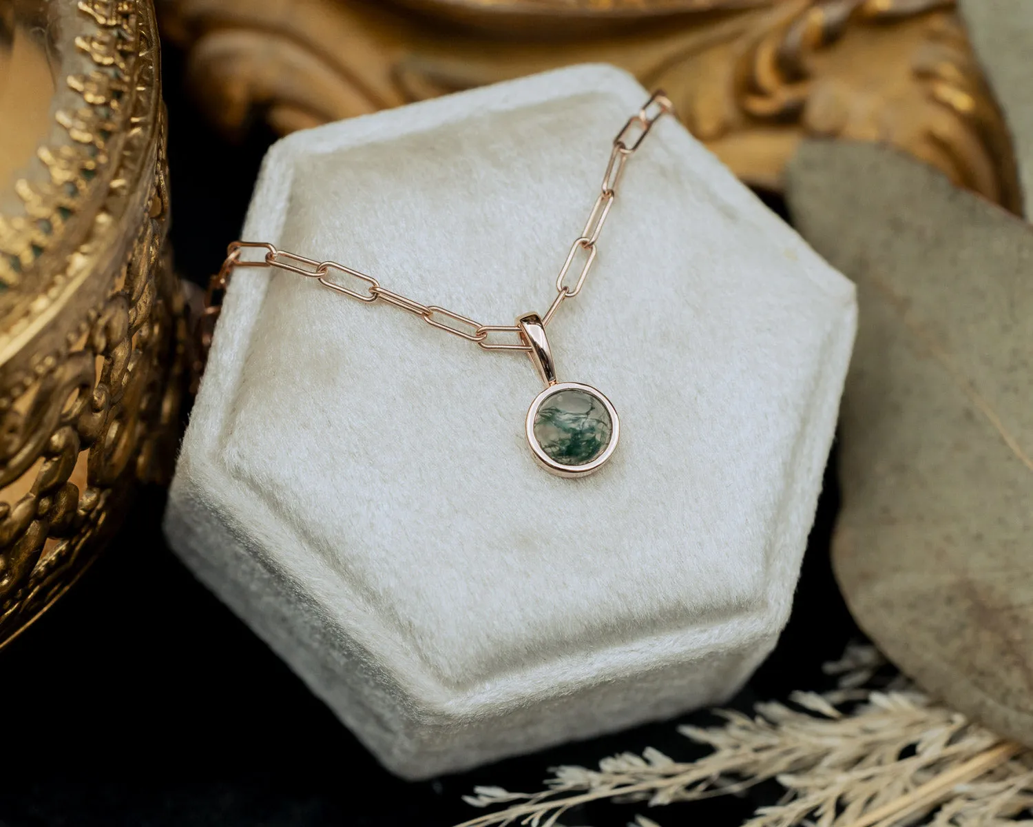 BEZEL SET ROUND PENDANT WITH YOUR CHOICE OF MOSS AGATE, MOONSTONE, LAPIS LAZULI, OR TURQUOISE