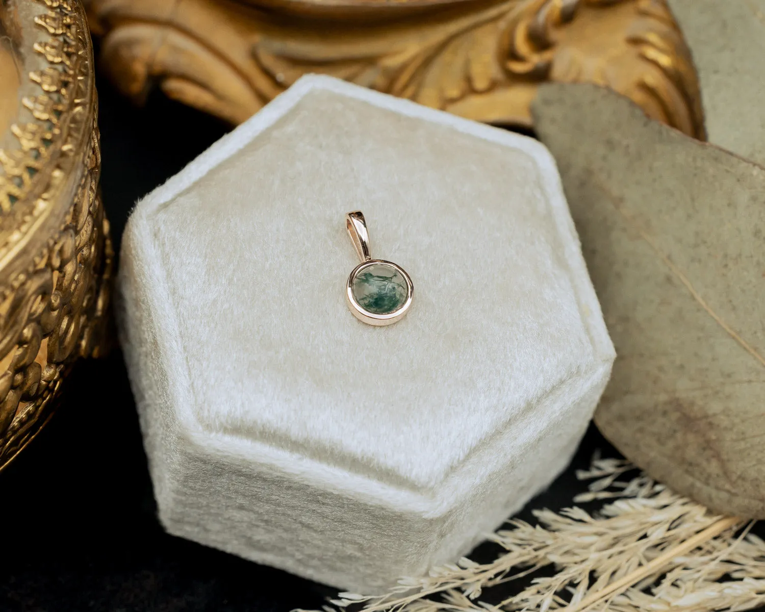 BEZEL SET ROUND PENDANT WITH YOUR CHOICE OF MOSS AGATE, MOONSTONE, LAPIS LAZULI, OR TURQUOISE