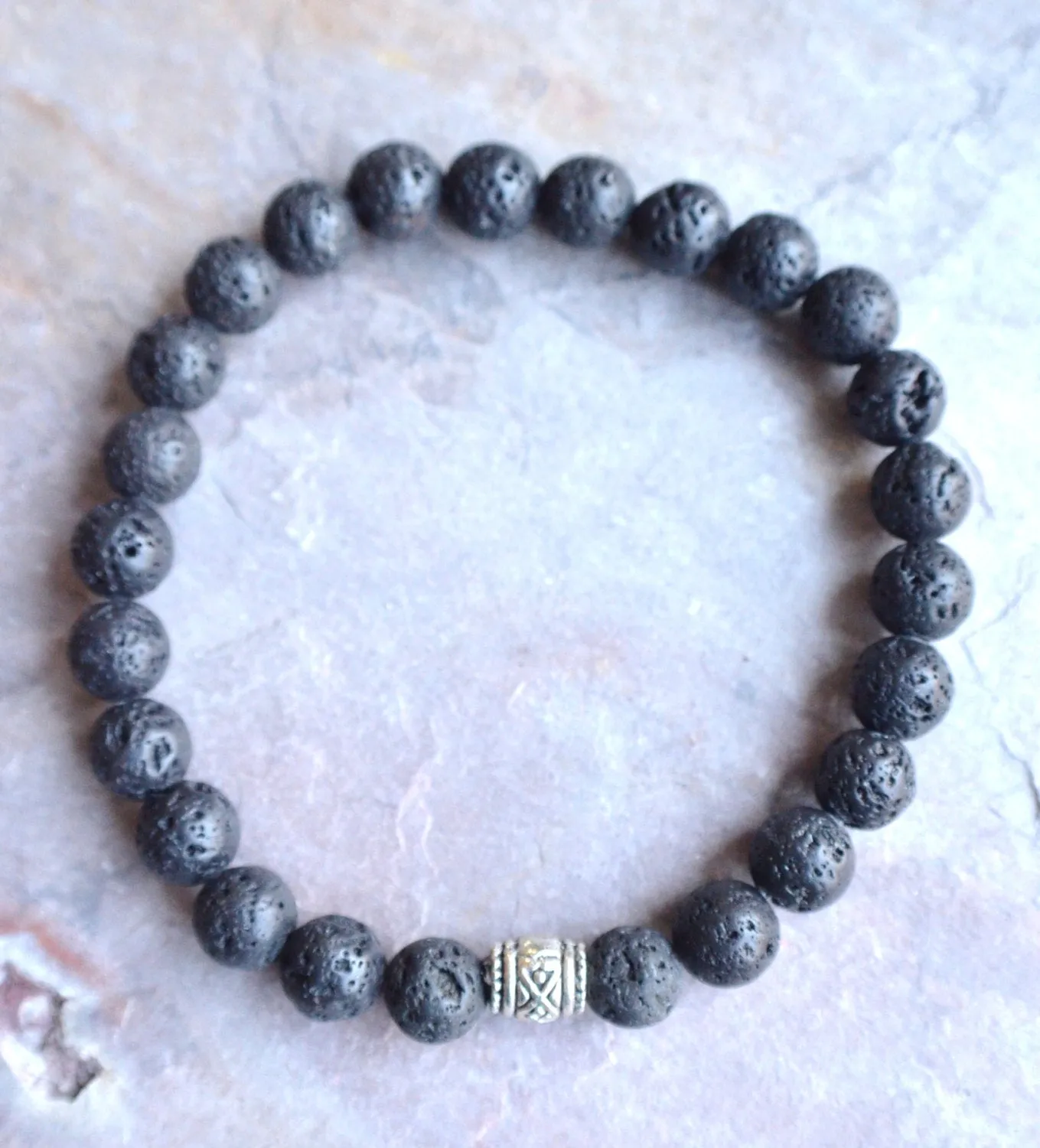 Black Lava Rock Mens Beaded Stretch Bracelet - Wagner