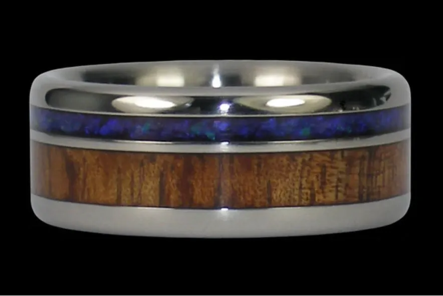 Black Opal and Dark Koa Wood Hawaii Titanium Ring