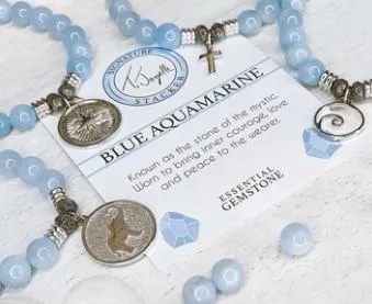 Blue Aquamarine Stone Bracelet with Baby Feet Sterling Silver Charm