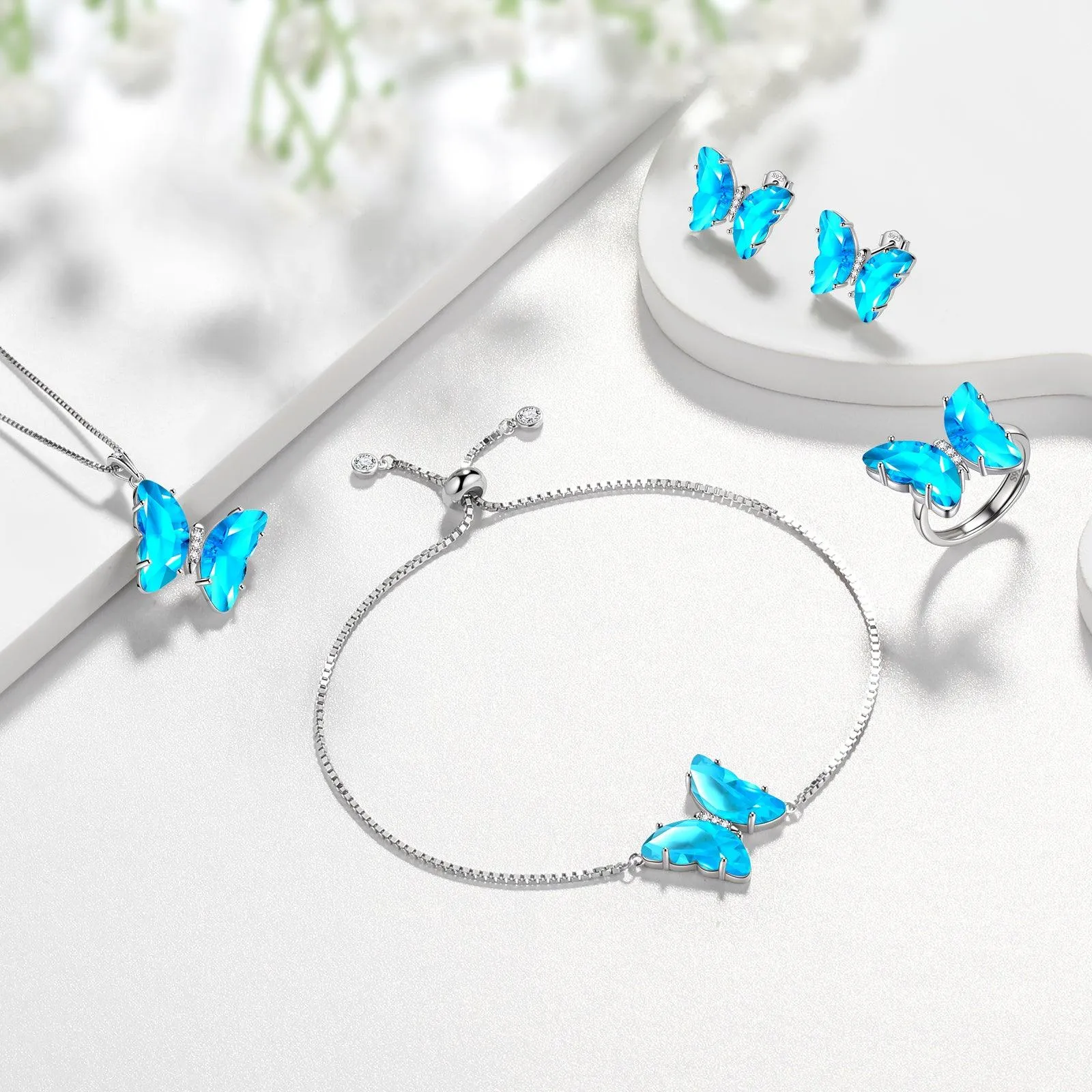 Blue Butterfly Bracelet March Aquamarine Birthstone Women Girls Jewelry Birthday Gift