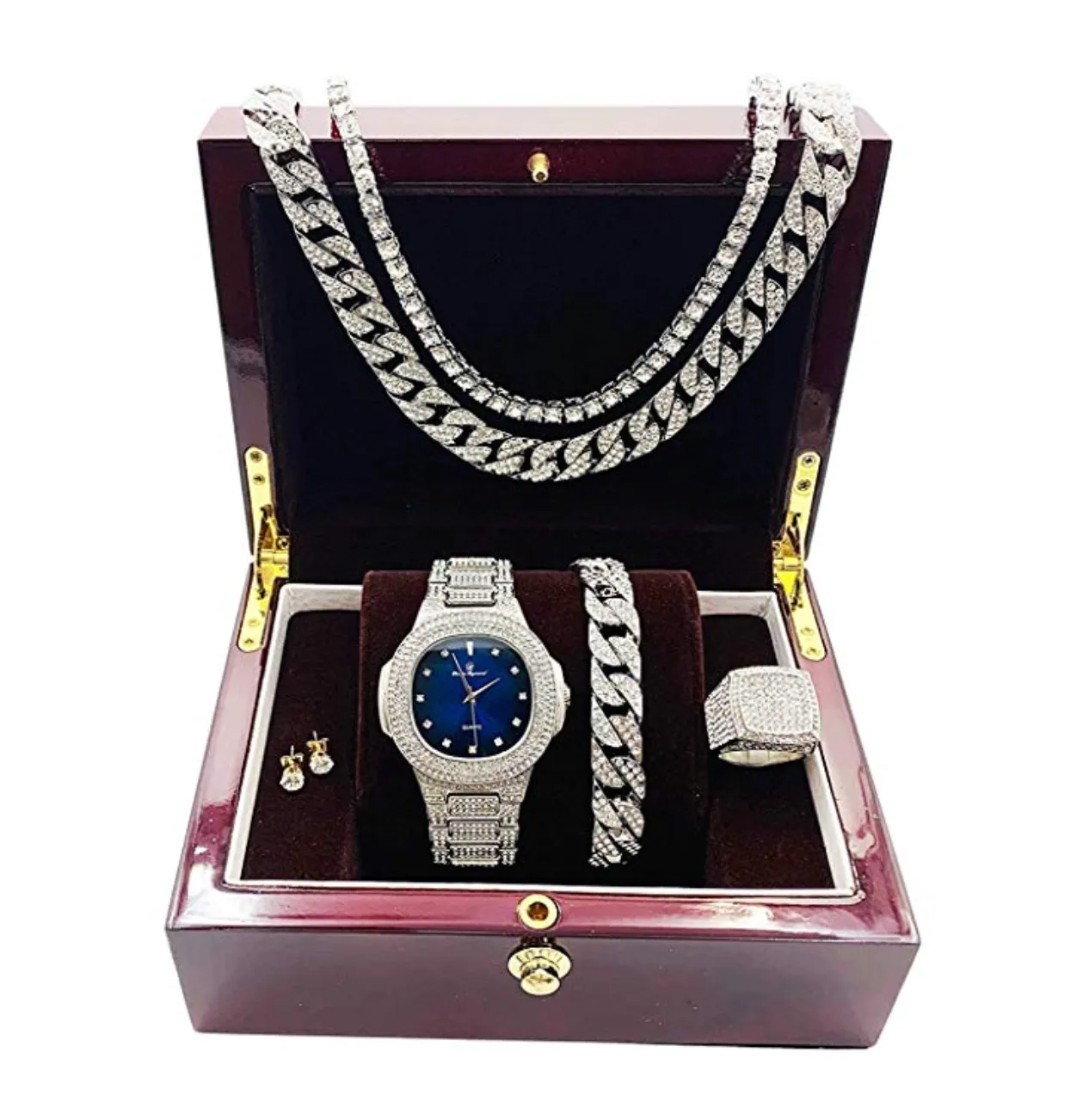 Blue Face Watch Simulated Diamond Silver Color Cuban Link Necklace Bracelet Set Tennis Chain Watch Earring Bundle