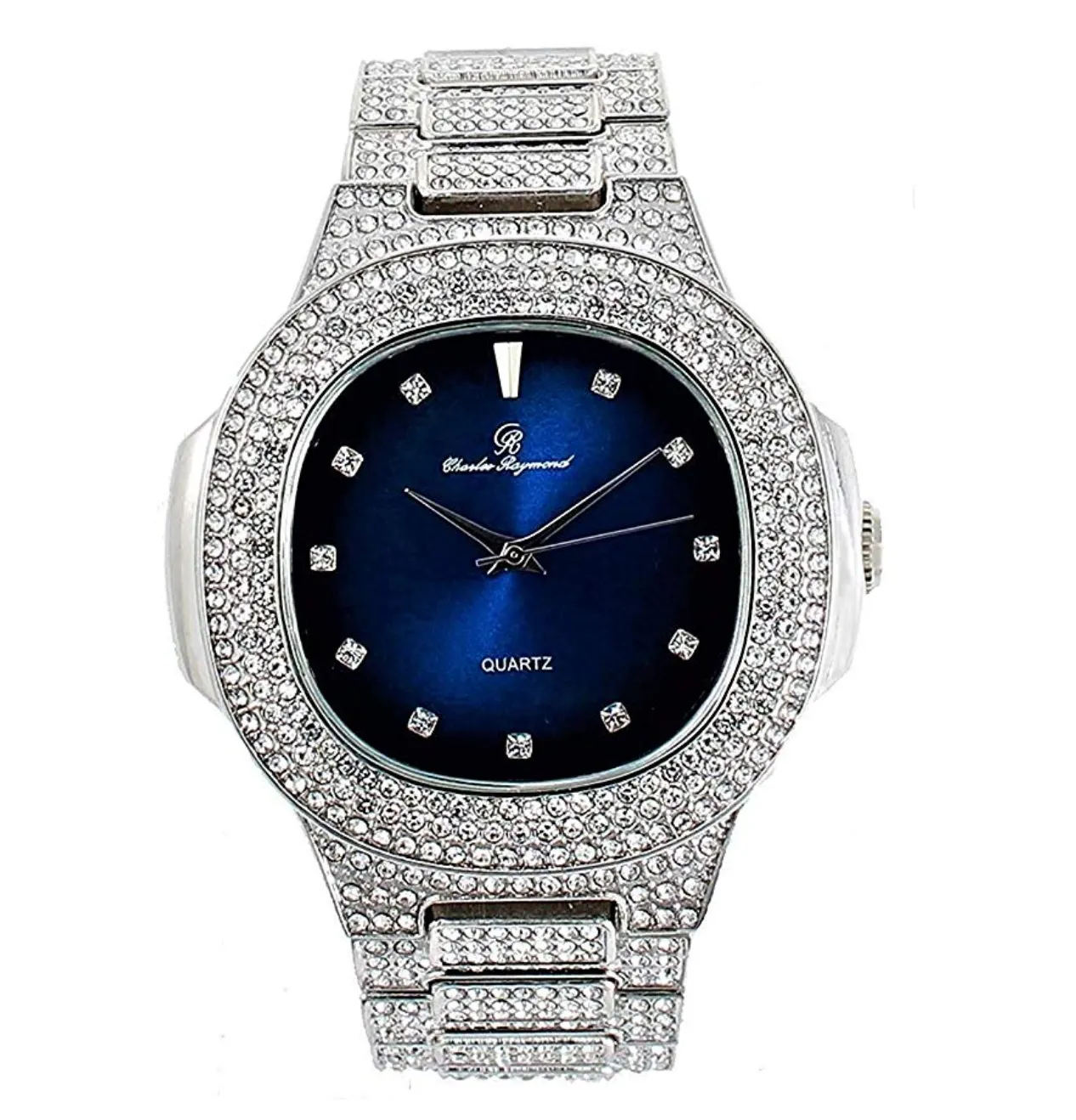 Blue Face Watch Simulated Diamond Silver Color Cuban Link Necklace Bracelet Set Tennis Chain Watch Earring Bundle