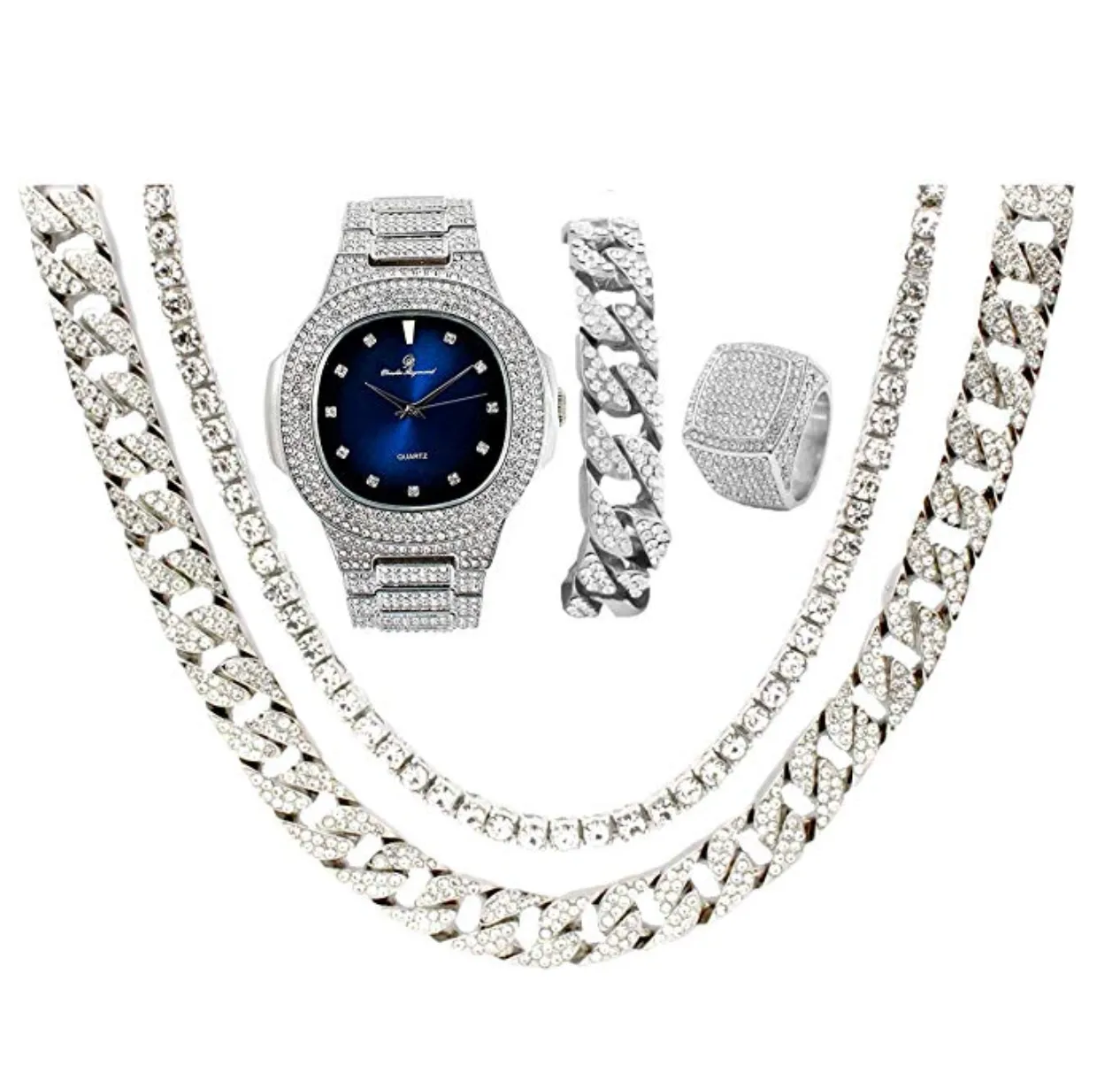 Blue Face Watch Simulated Diamond Silver Color Cuban Link Necklace Bracelet Set Tennis Chain Watch Earring Bundle