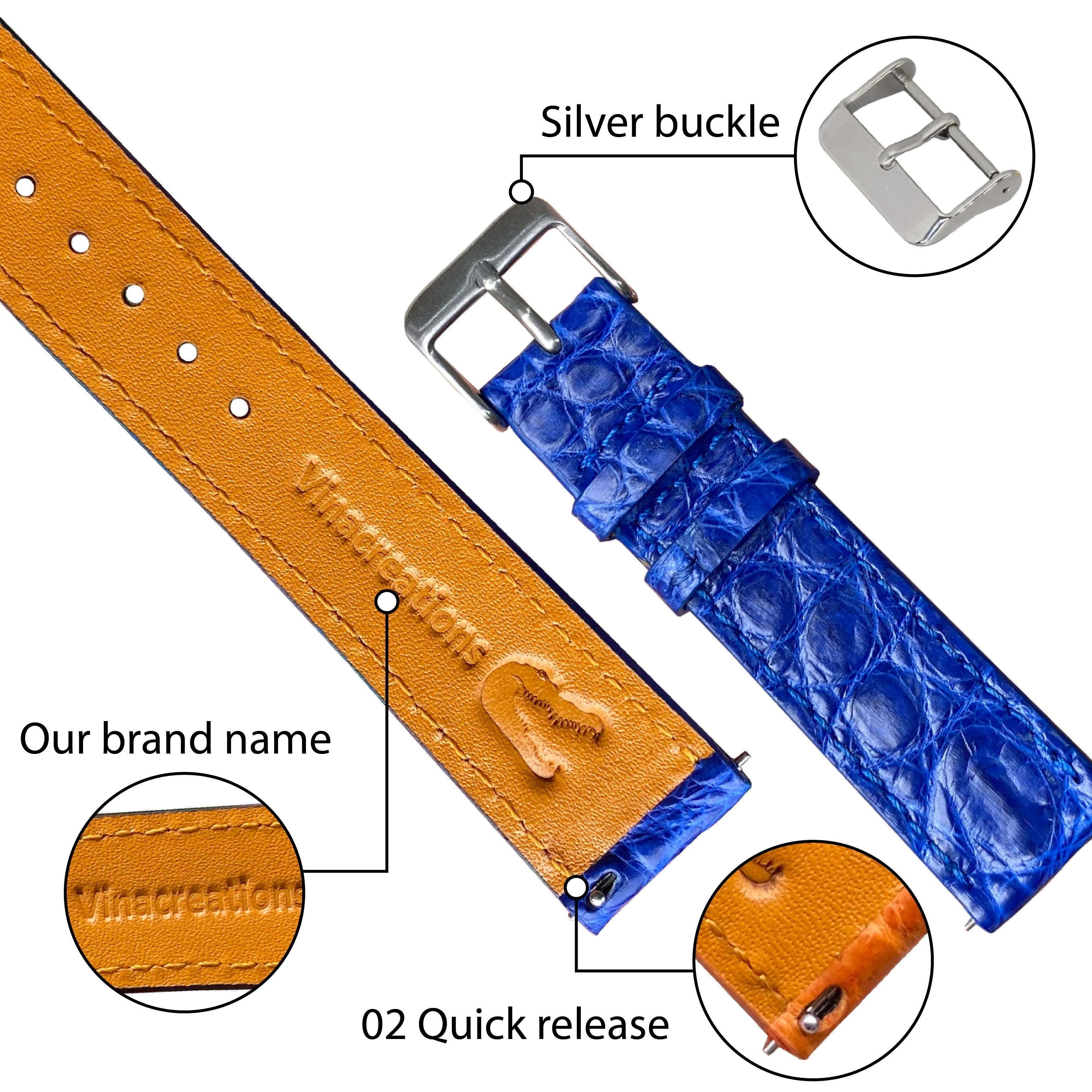 Blue Flat Alligator Leather Watch Band | No-Padding Crocodile Skin Replacement Watch Strap | DH-25