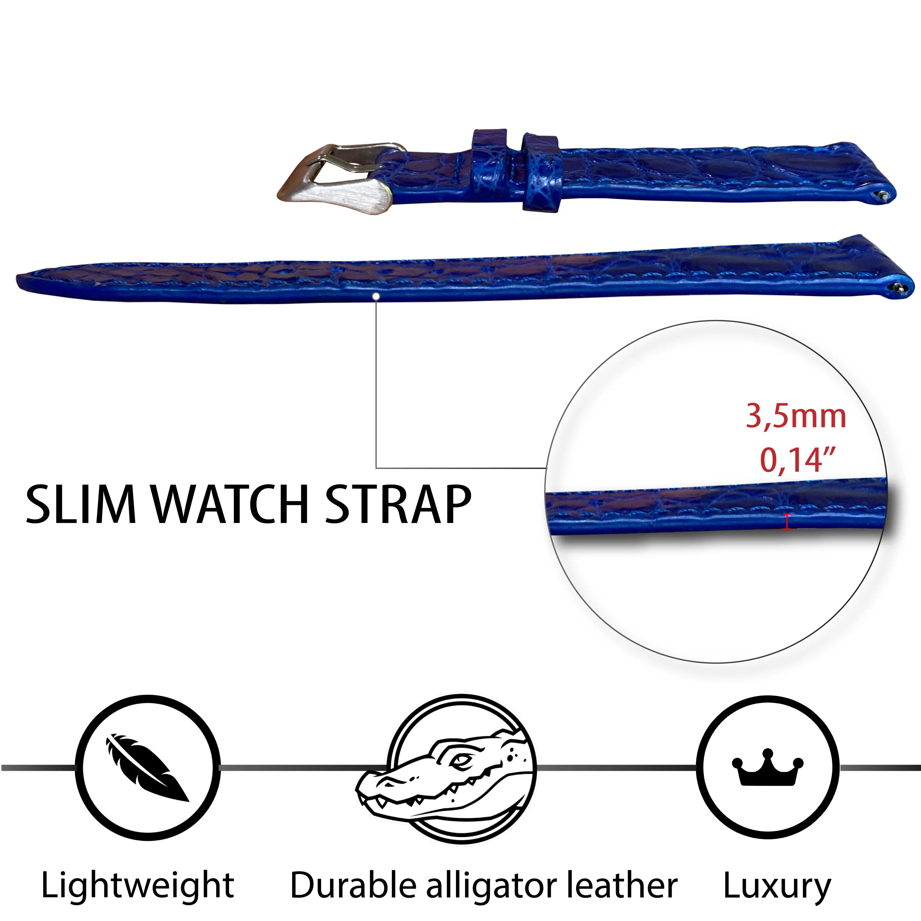 Blue Flat Alligator Leather Watch Band | No-Padding Crocodile Skin Replacement Watch Strap | DH-25