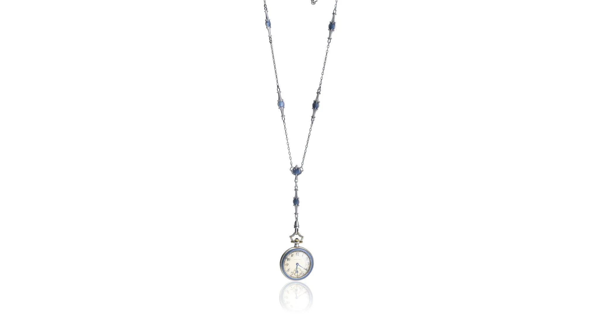 Blue Guilloche Enamel Pendant Watch with Chain