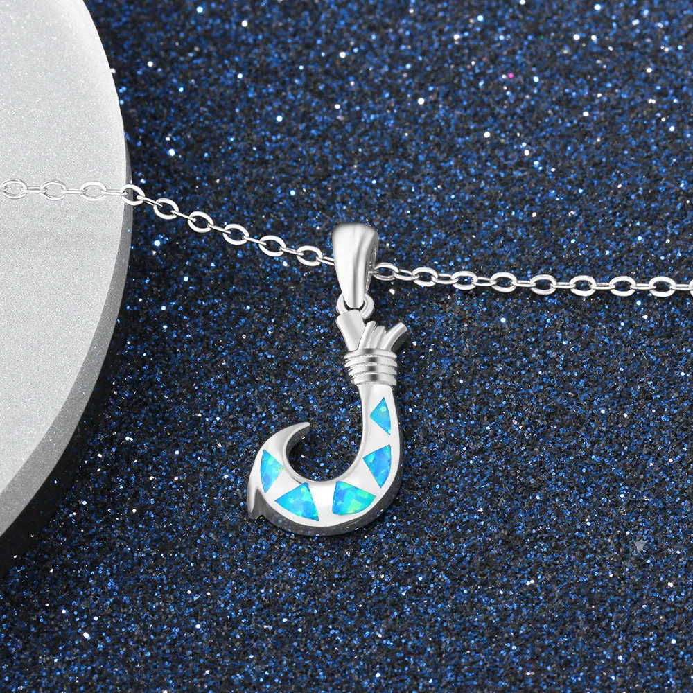 Blue Opal Fish Hook Sterling Silver Necklace