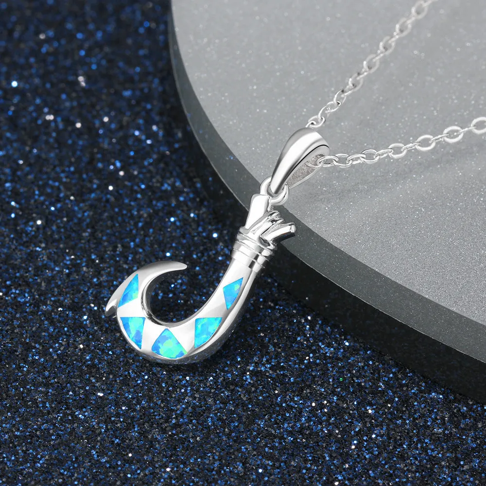 Blue Opal Fish Hook Sterling Silver Necklace