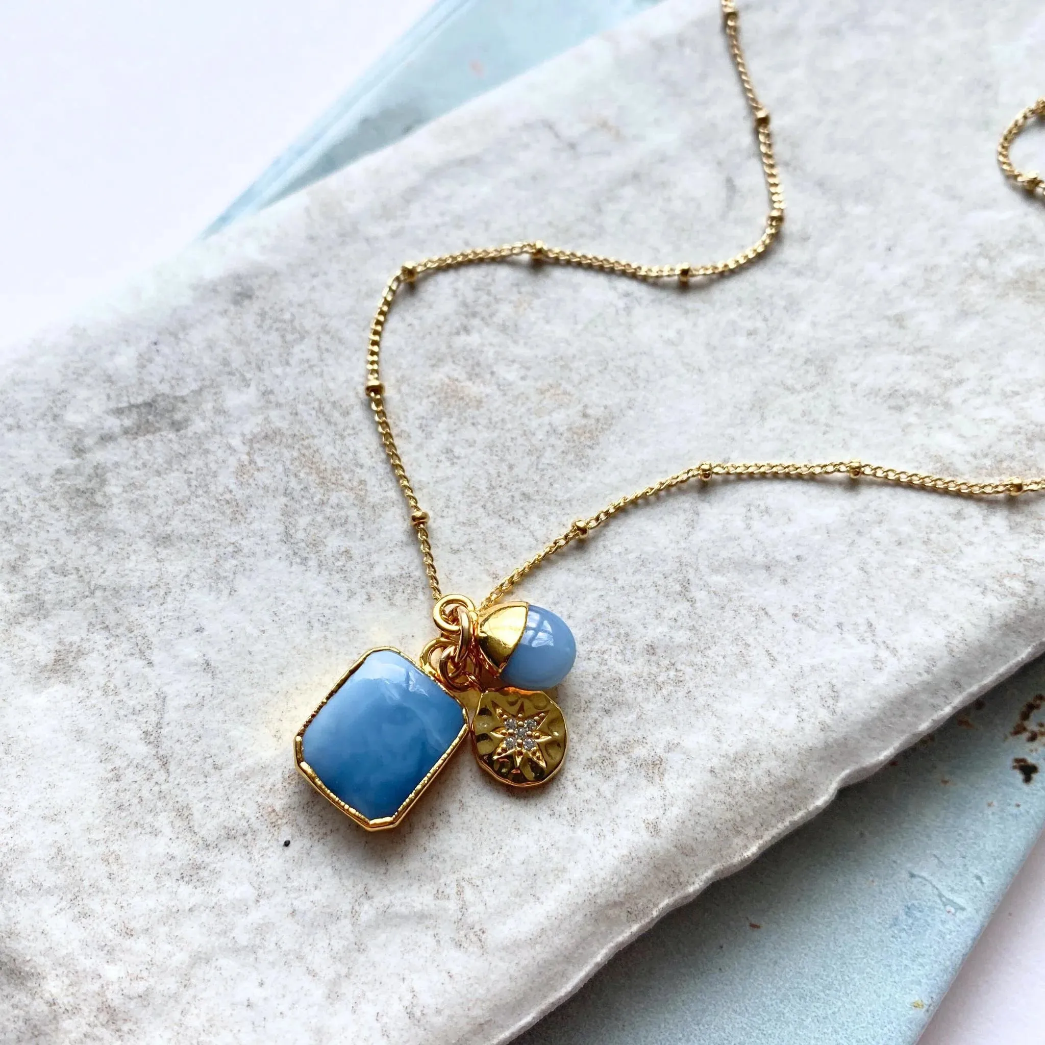 Blue Opal Gem Slice Triple Necklace - Purity (Gold Plate)