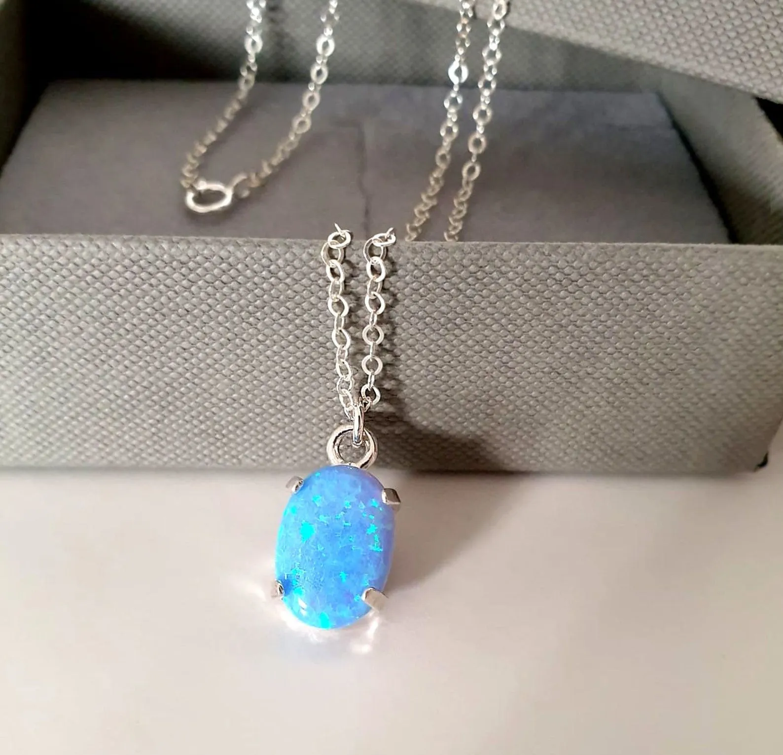 Blue Opal Pendant Long Necklace