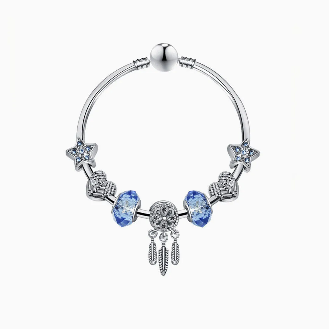 Boho Style Silver Plated Rhinestone Charm Bangle Bracelet - Silver