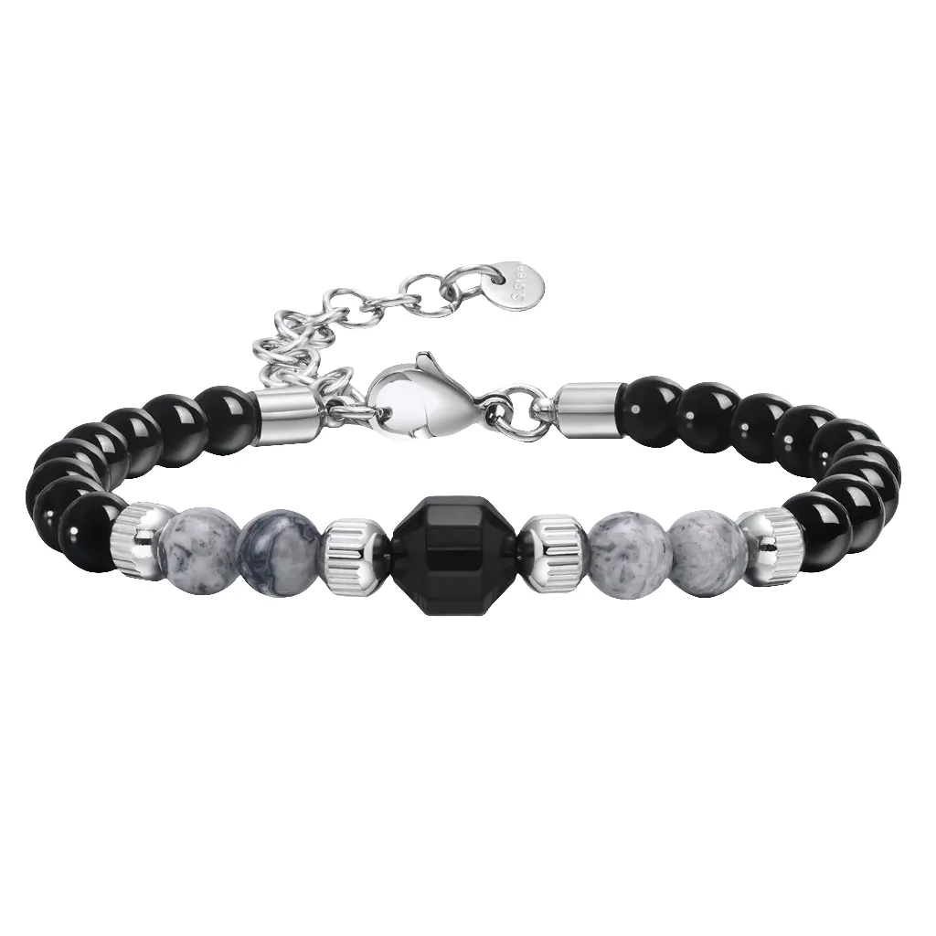 Bracelet pour Homme ajustable en Perles Noires, Grises & Argent très chic ! (Livraison OFFERTE)