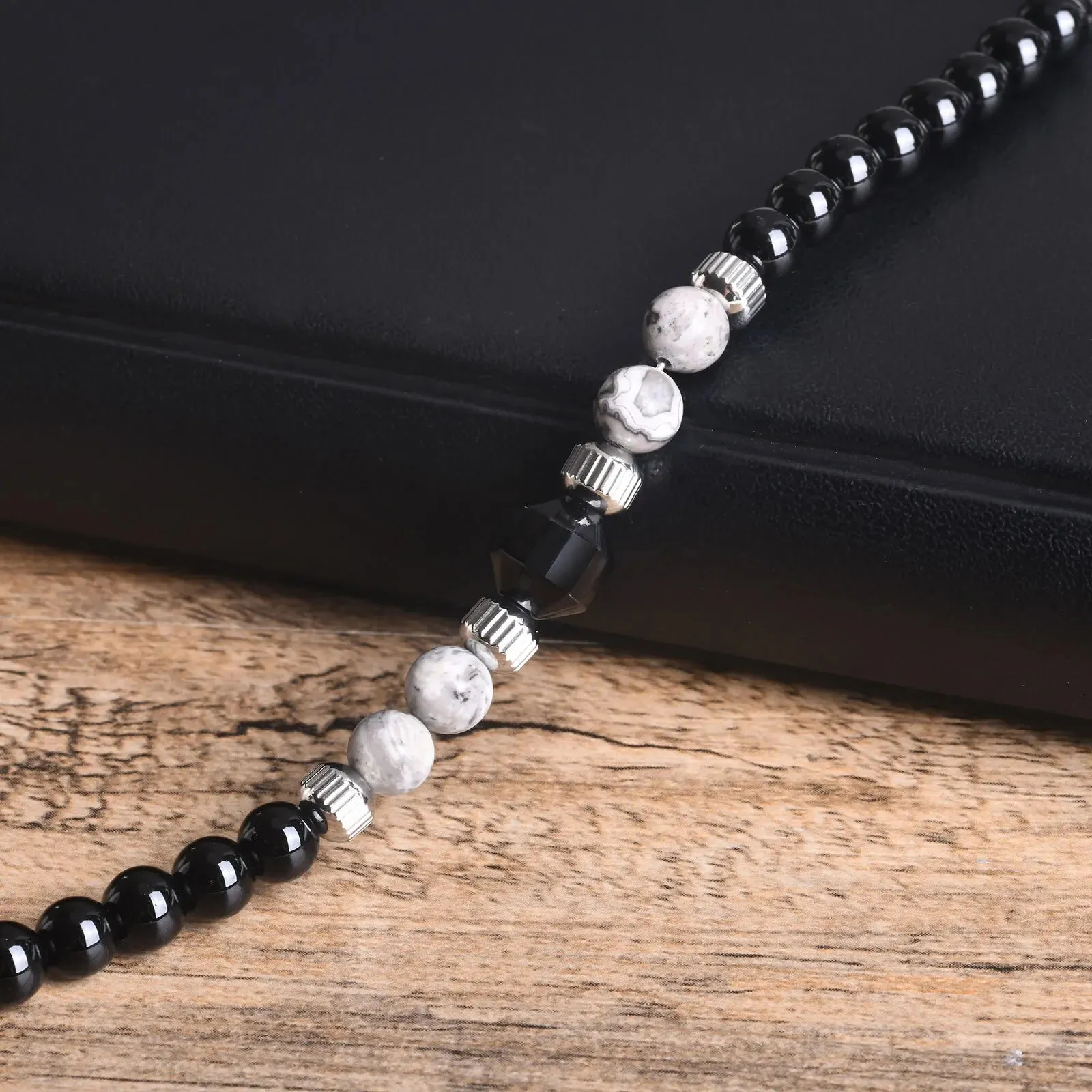 Bracelet pour Homme ajustable en Perles Noires, Grises & Argent très chic ! (Livraison OFFERTE)