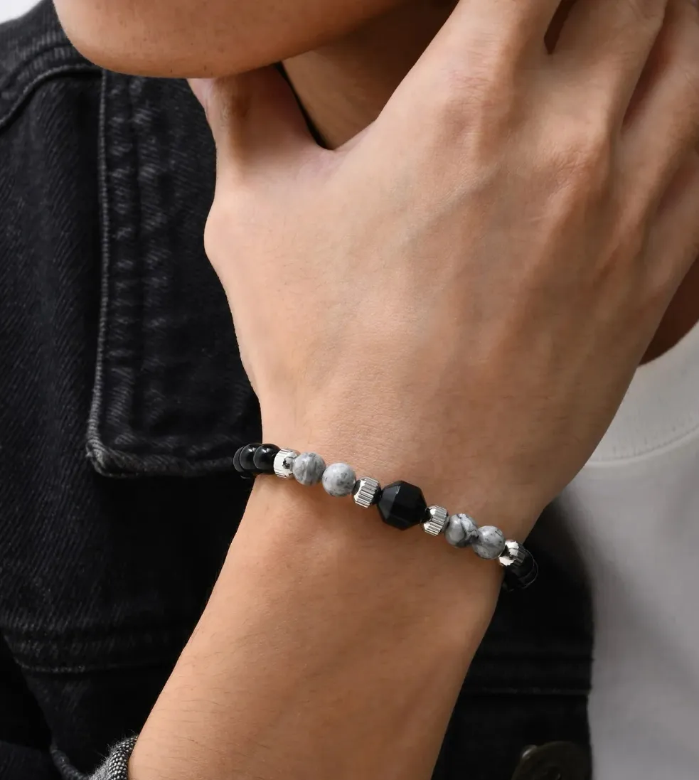 Bracelet pour Homme ajustable en Perles Noires, Grises & Argent très chic ! (Livraison OFFERTE)