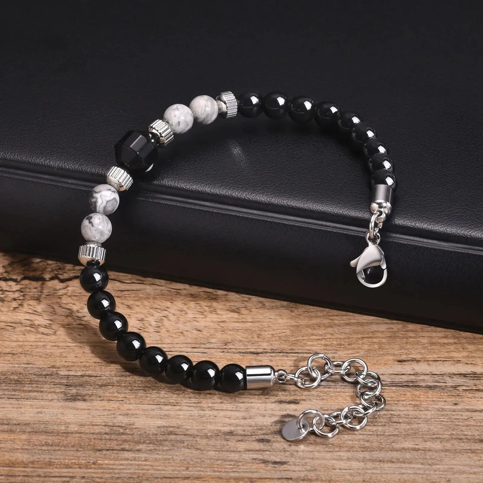 Bracelet pour Homme ajustable en Perles Noires, Grises & Argent très chic ! (Livraison OFFERTE)