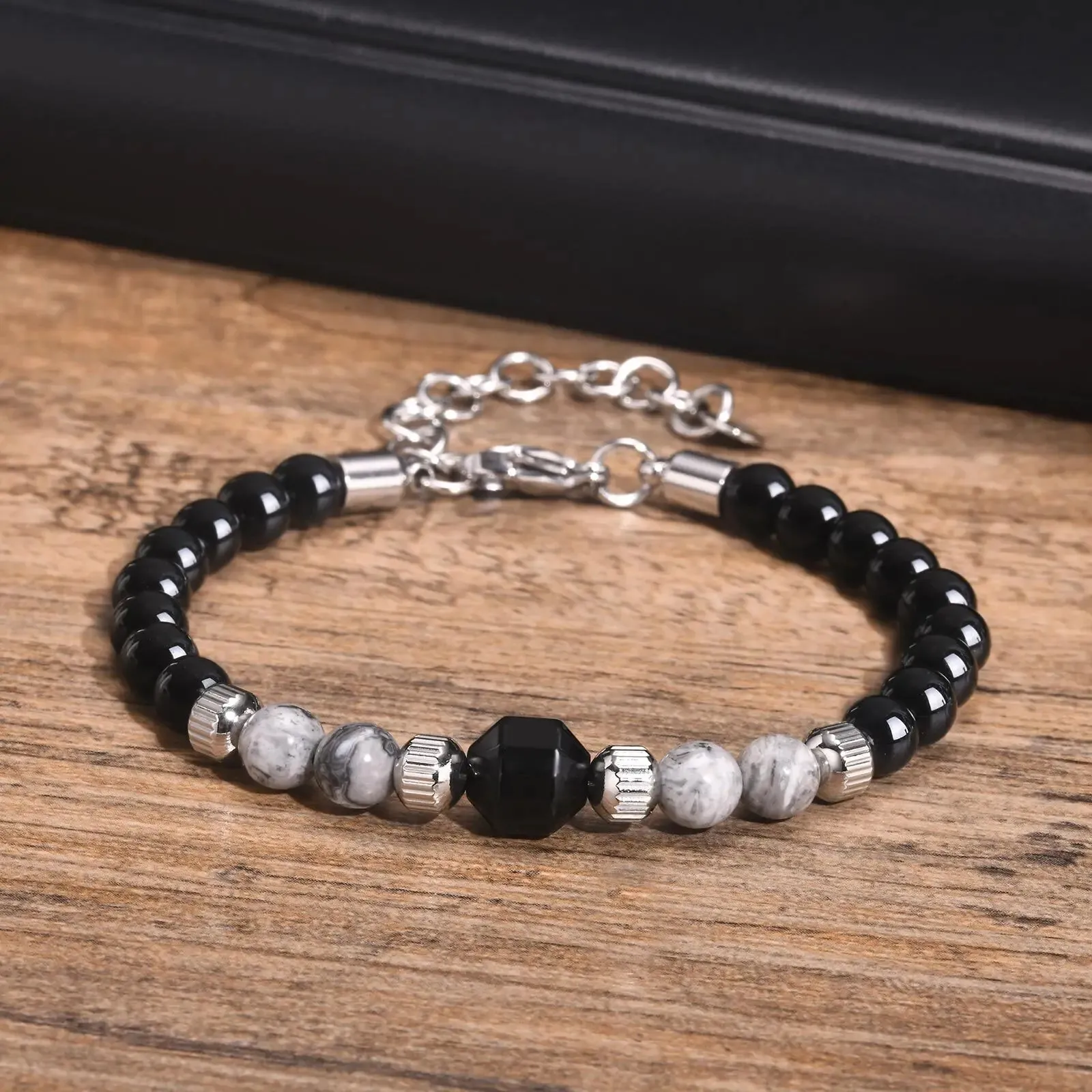 Bracelet pour Homme ajustable en Perles Noires, Grises & Argent très chic ! (Livraison OFFERTE)