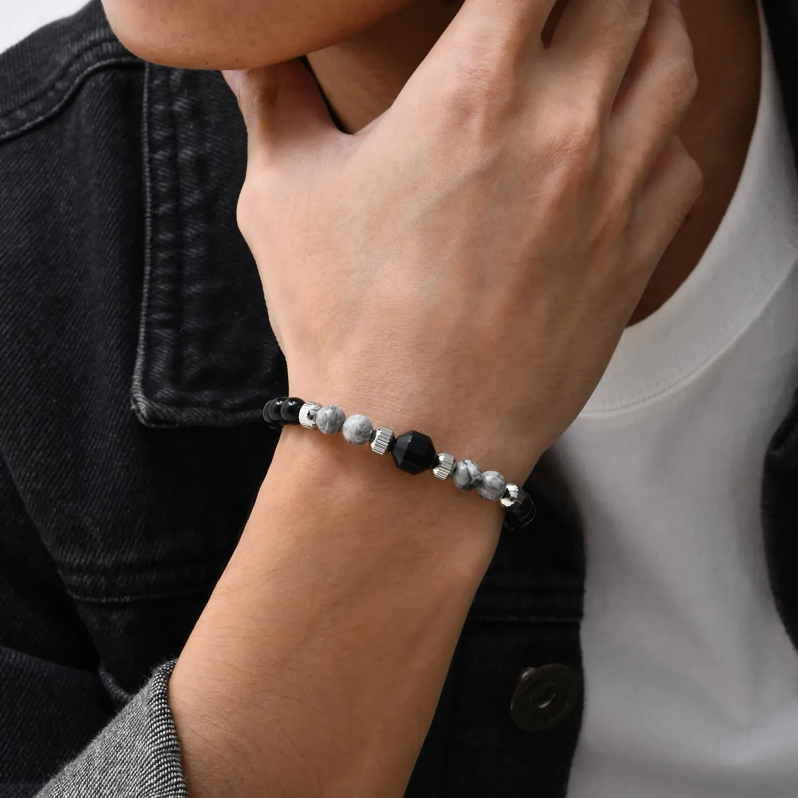 Bracelet pour Homme ajustable en Perles Noires, Grises & Argent très chic ! (Livraison OFFERTE)