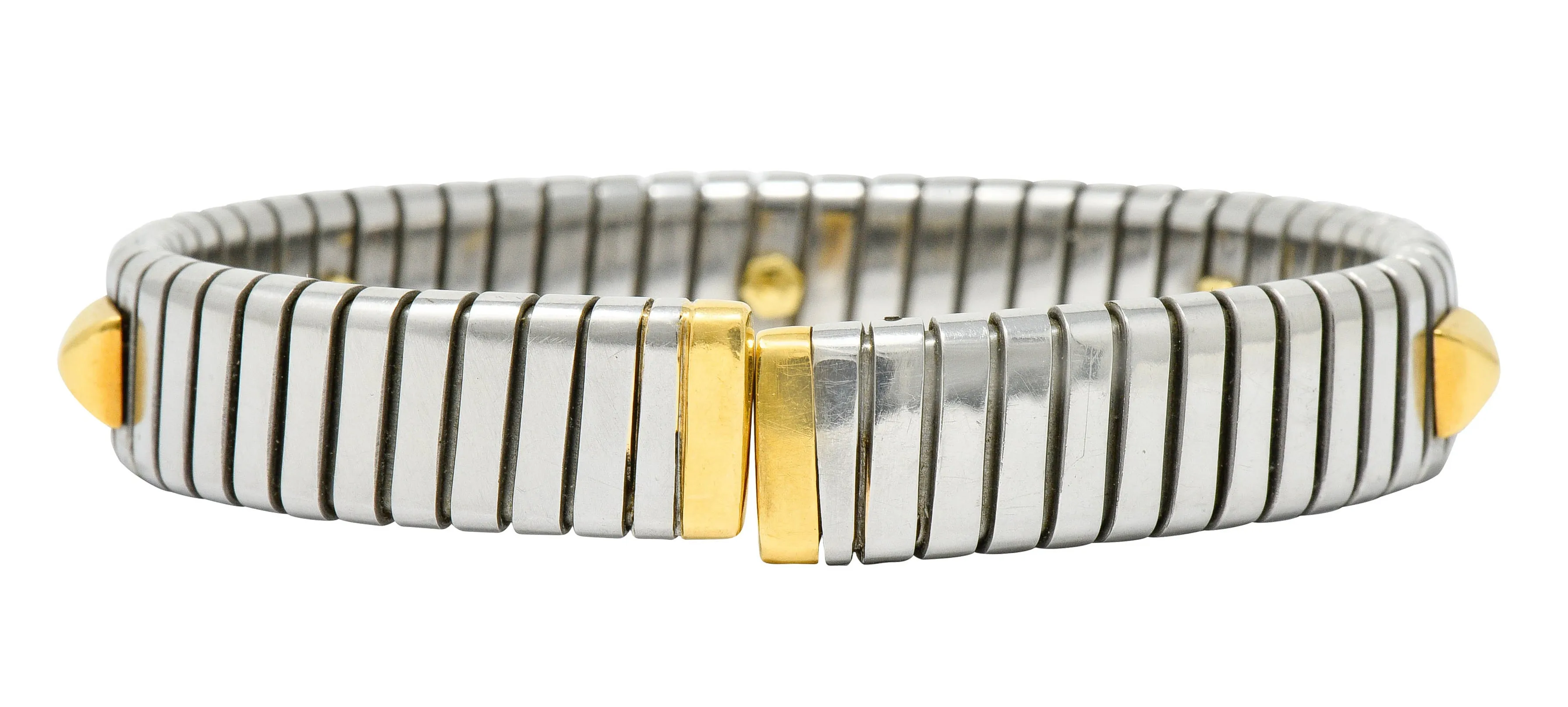 Bulgari 18 Karat Gold Stainless Steel Two-Tone Sugarloaf Tubogas Cuff Bracelet