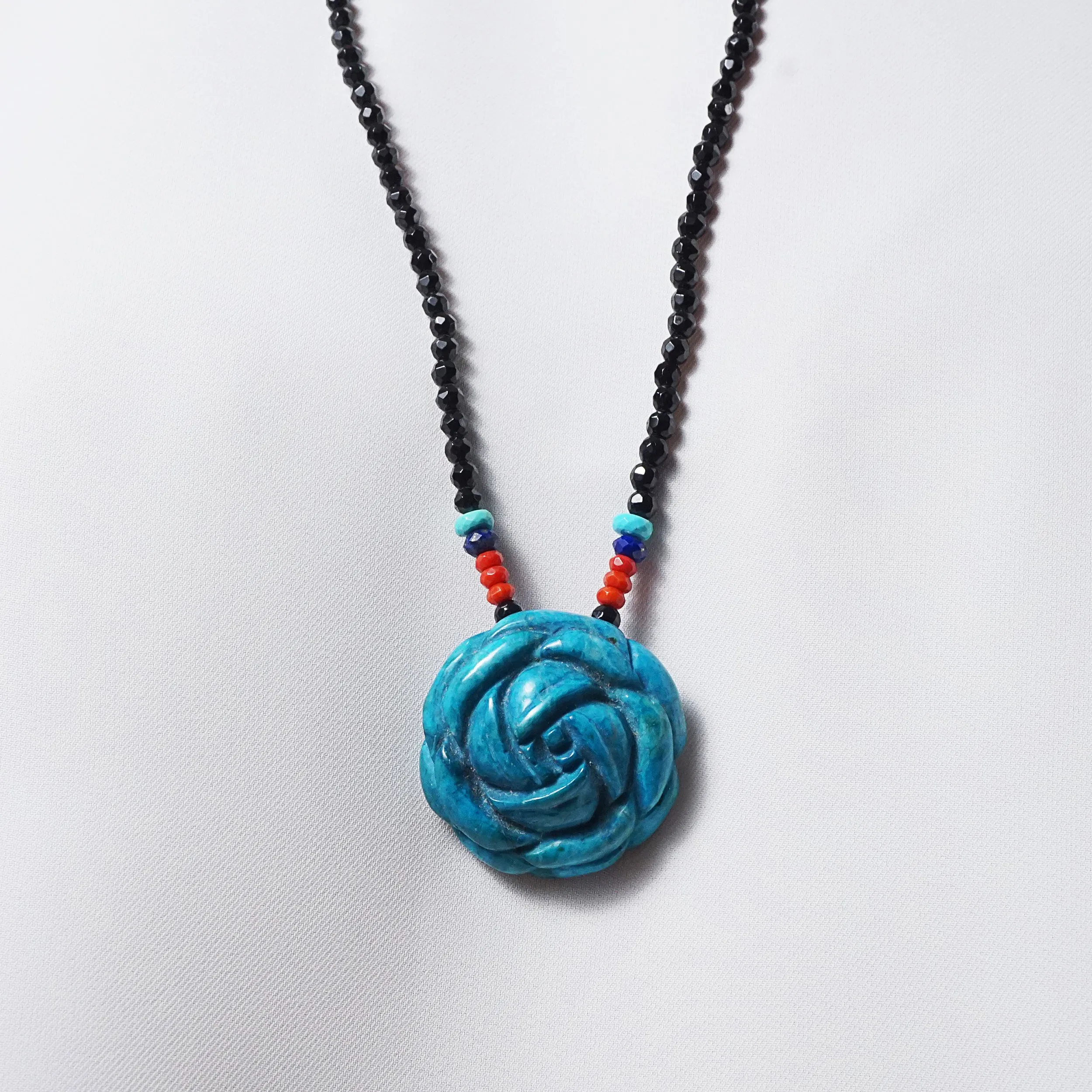 Carved Blue Howlite with Coral, Lapis Lazuli and Black Tourmaline