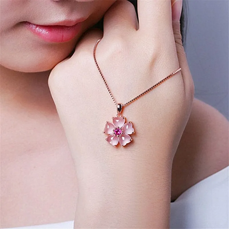 Chic Pink Opal Heart Cherry Blossom Pendant Necklace