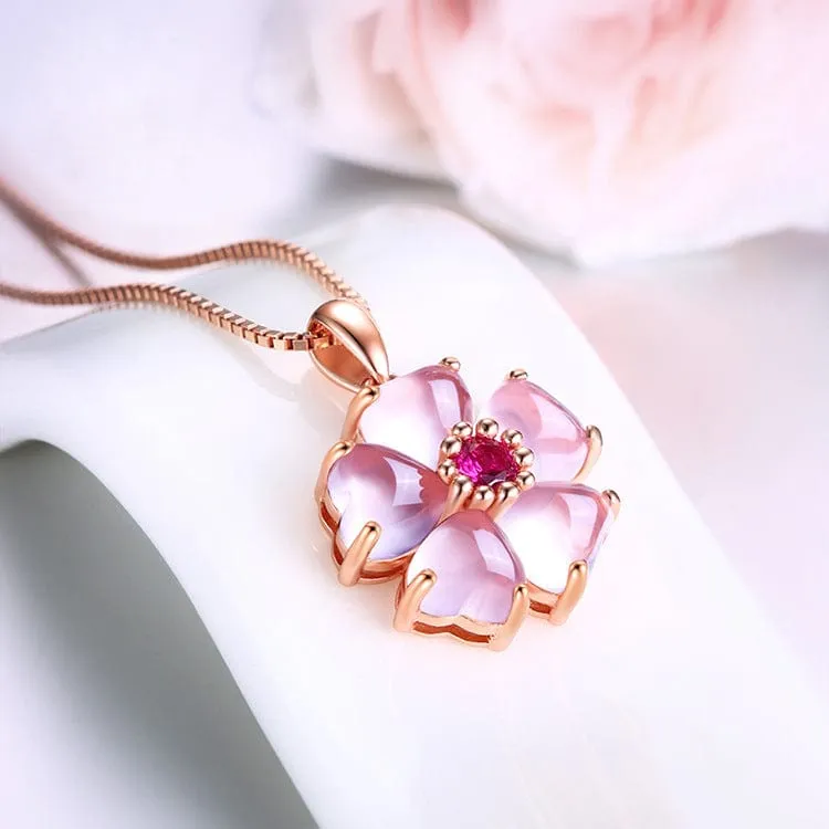 Chic Pink Opal Heart Cherry Blossom Pendant Necklace