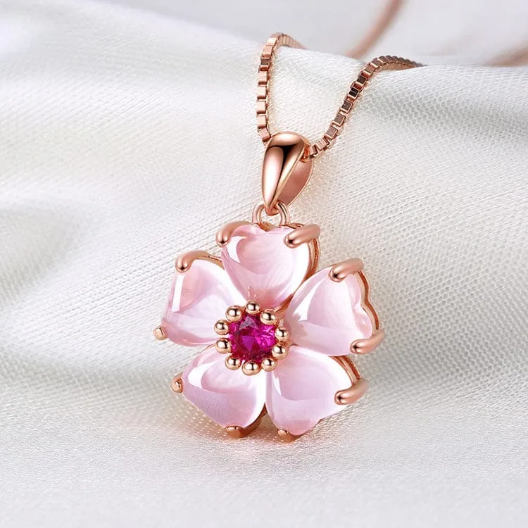 Chic Pink Opal Heart Cherry Blossom Pendant Necklace