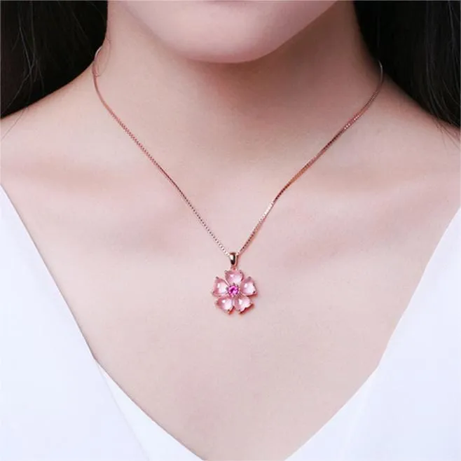 Chic Pink Opal Heart Cherry Blossom Pendant Necklace