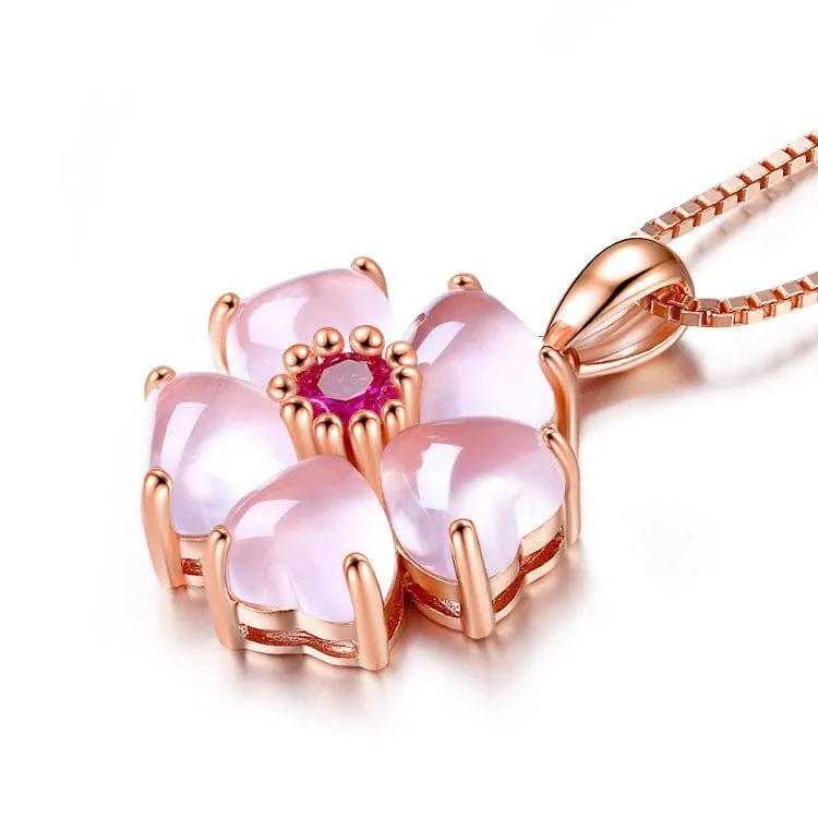 Chic Pink Opal Heart Cherry Blossom Pendant Necklace