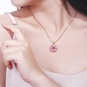 Chic Pink Opal Heart Cherry Blossom Pendant Necklace