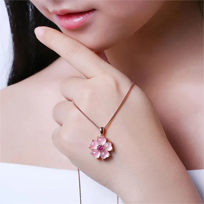 Chic Pink Opal Heart Cherry Blossom Pendant Necklace