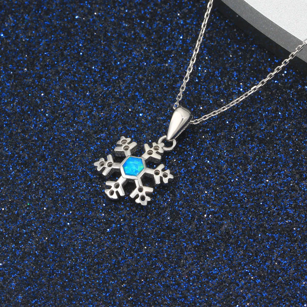 Christmas Snowflake Blue Opal Sterling Silver Necklace