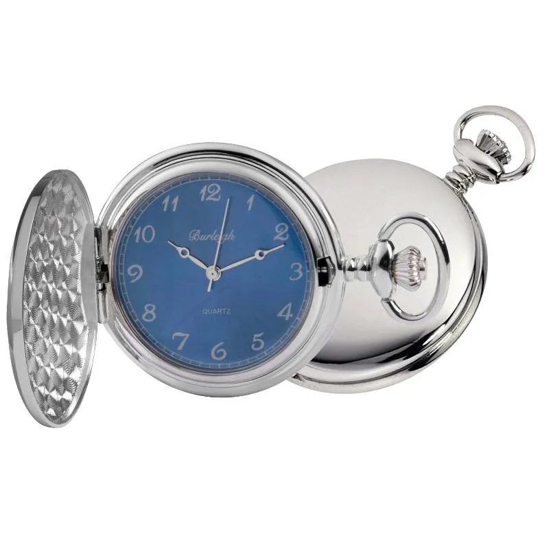 Chrome Full Hunter Blue Face Pocket Watch by Burleigh with Stand CHR1972