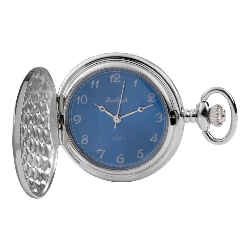 Chrome Full Hunter Blue Face Pocket Watch by Burleigh with Stand CHR1972