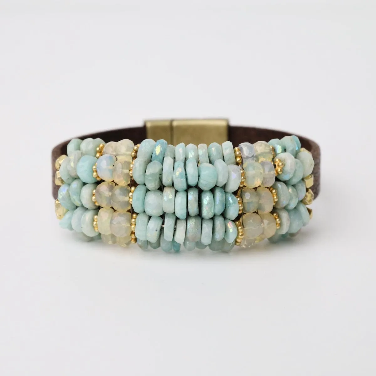 Coated Amazonite, Opal, Vermeil Spacers Leather Bracelet