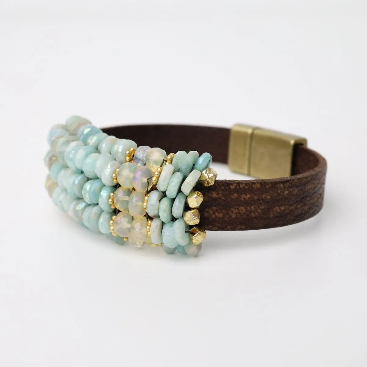 Coated Amazonite, Opal, Vermeil Spacers Leather Bracelet