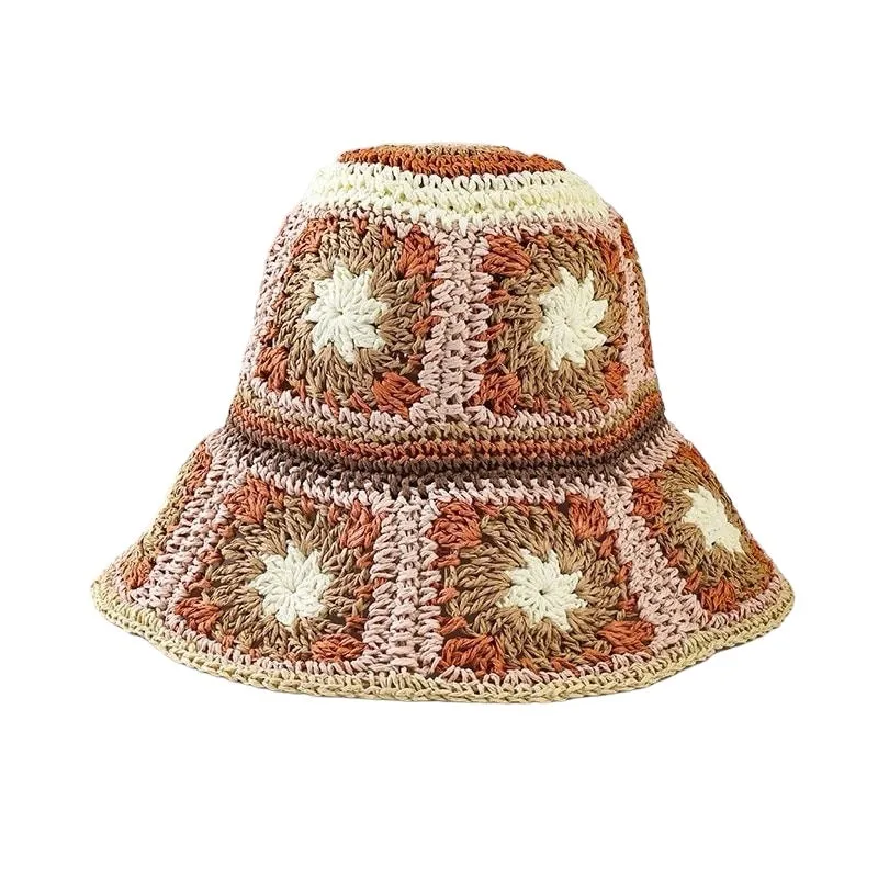 Crochet Bucket Hat Flower Brown Pink