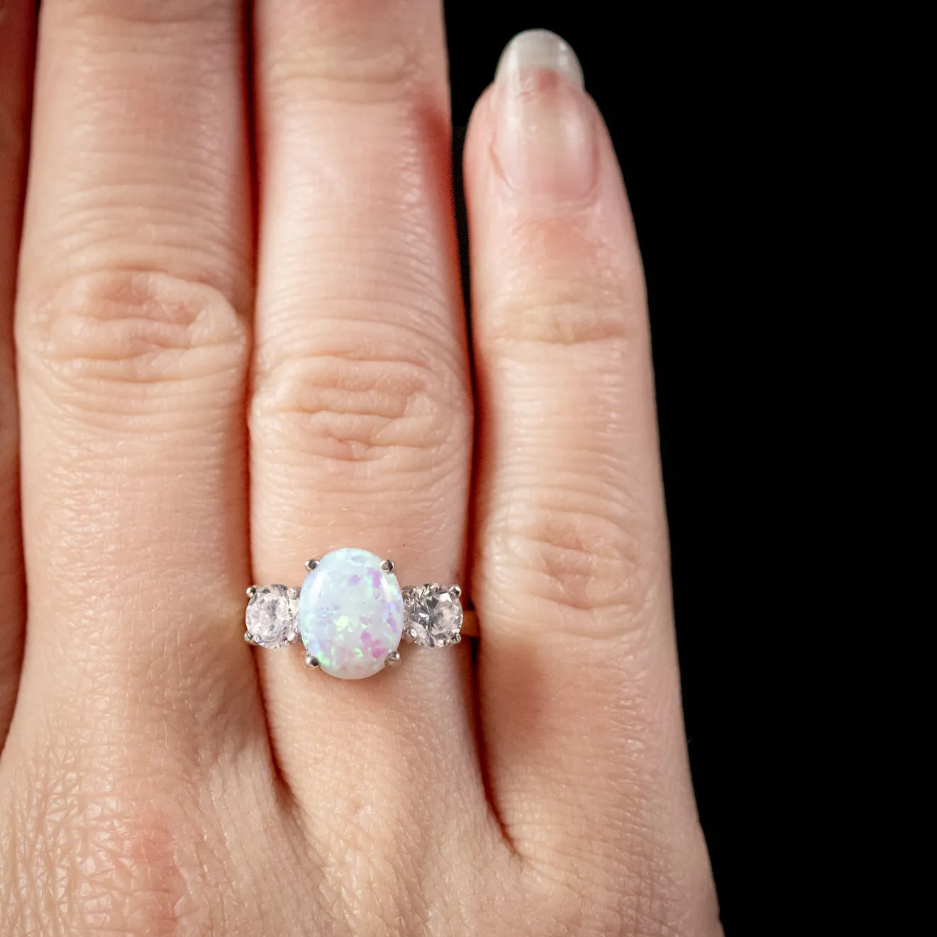 Cultured Opal Trilogy Ring White Quartz 9Ct On Silver