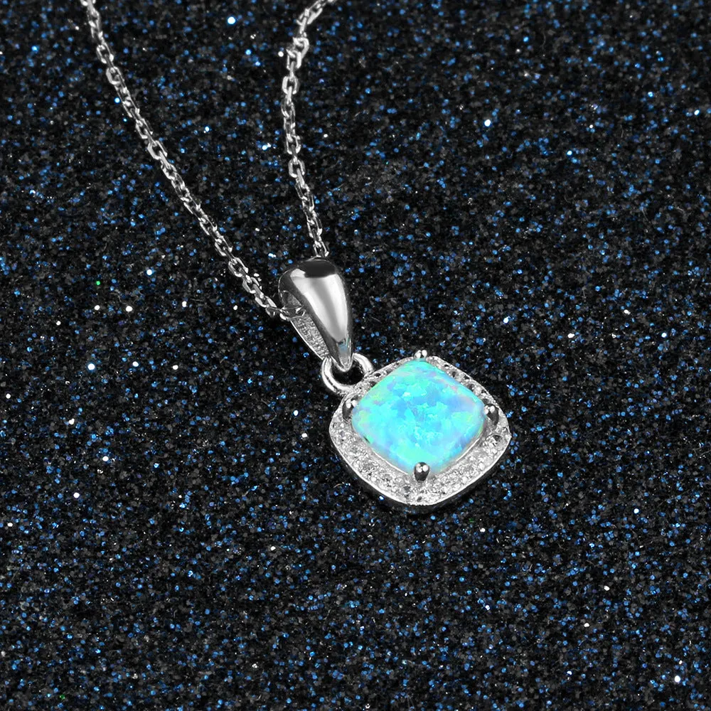 Cushion Shape Blue Opal Zircon Soleste Halo Sterling Silver Necklace