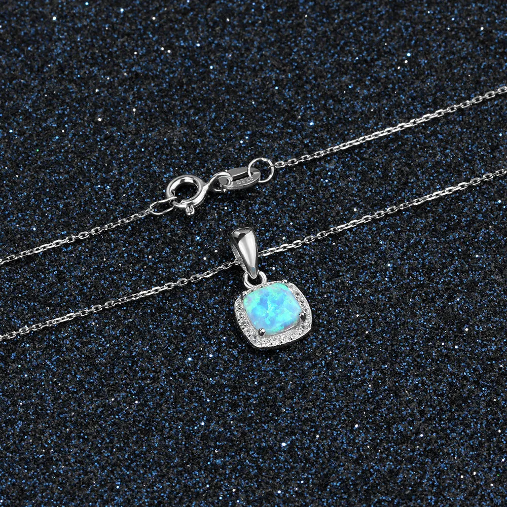 Cushion Shape Blue Opal Zircon Soleste Halo Sterling Silver Necklace